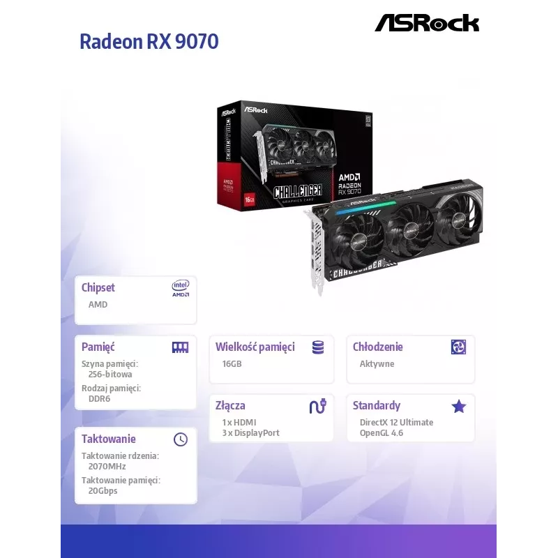 Tarjeta gráfica ASRock Challenger Radeon RX 9070 — 16 GB GDDR6, 256 bits, PCIe 5.0, 3x DisplayPort 2.1a + HDMI 2.1b