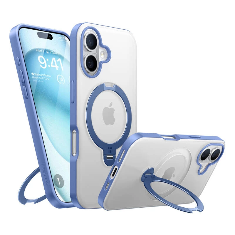 Funda protectora Torras Ostand Spin para iPhone 16 – azul, perfil delgado, compatible con carga inalámbrica