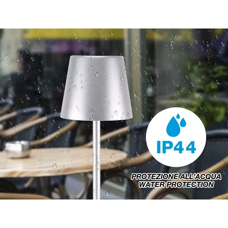 Beper P201UTP117 lámpara de mesa LED recargable, 1,5 W, interruptor táctil, regulable, adaptador para botella de 33 mm, resistente al agua, plateada