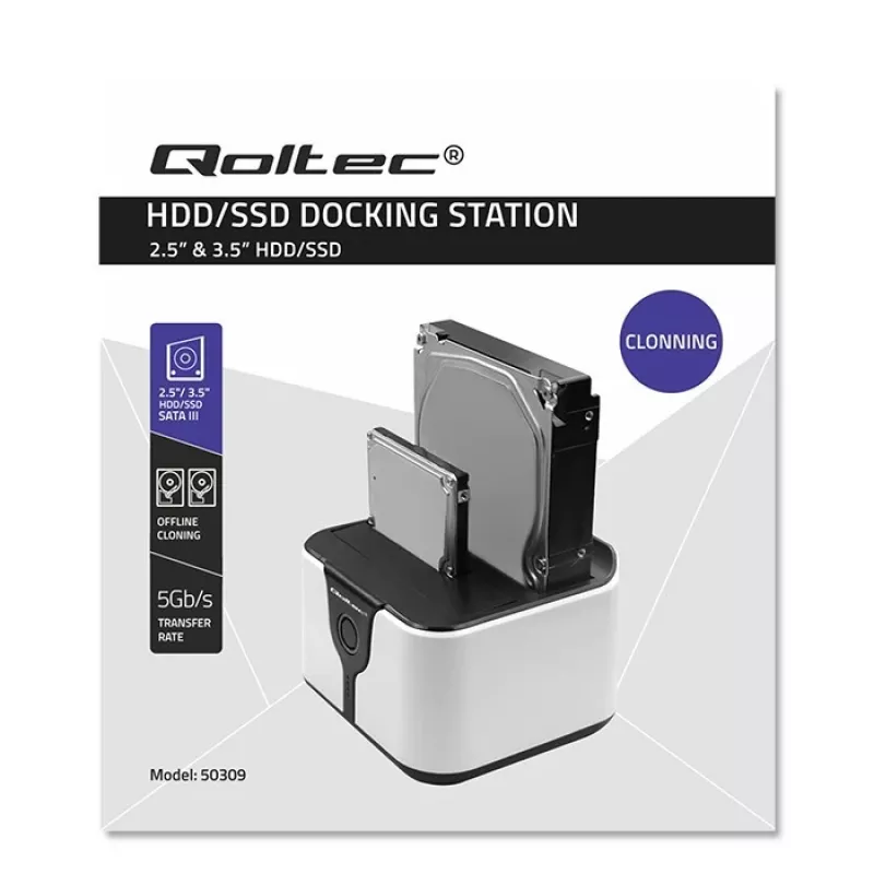 Qoltec 50309 base de acoplamiento HDD SSD 2.5 3.5 | SATA III | USB 3.0 | Super Speed 5 Gb/s | con función de clonación