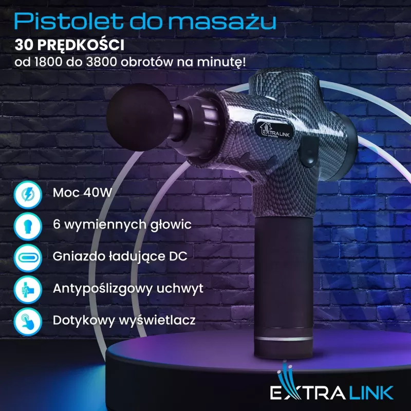 Pistola de masaje Extralink MSG-01-PRO 3800 rpm 6 accesorios