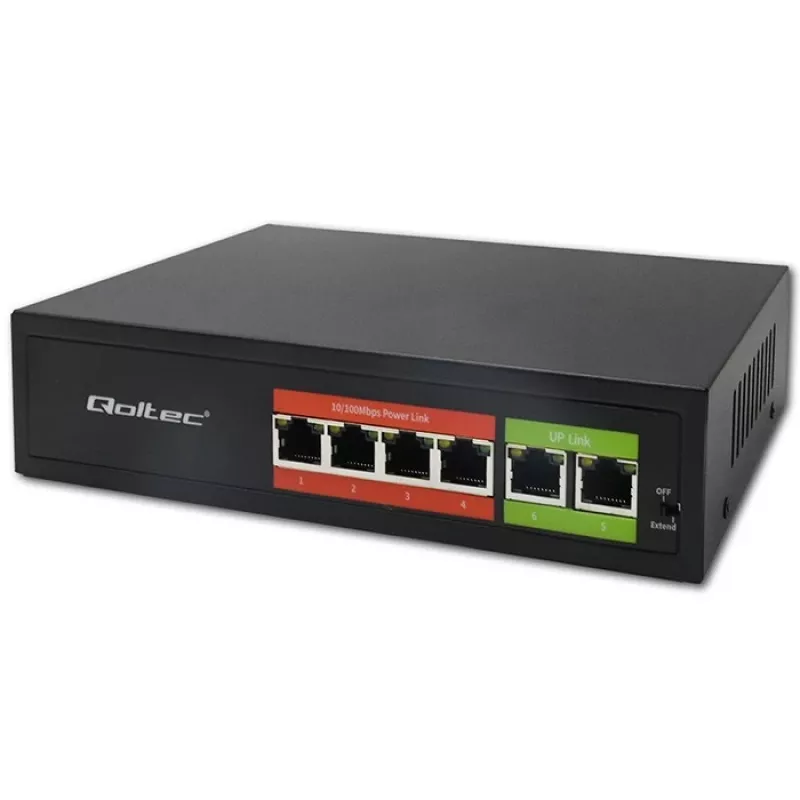 Switch Ethernet PoE QOLTEC 52289 — 4x puertos RJ45 PoE, 2x RJ45 uplink, presupuesto PoE 65W