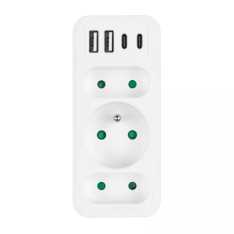Regleta de enchufes MACLEAN MCE248 F/W — 3 tomas AC (1×16A, 2×6A) + 4×USB (2×A, 2×C PD 20W), conector EU, blanco