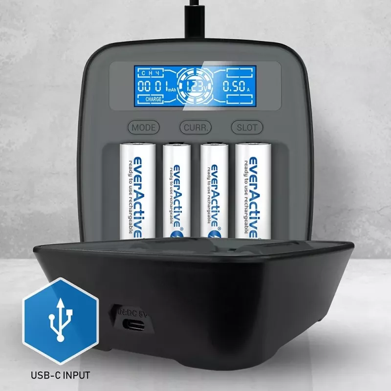everActive NC-1000M V2 cargador de pilas, Ni-MH, 4 ranuras AA/AAA, USB-C, negro