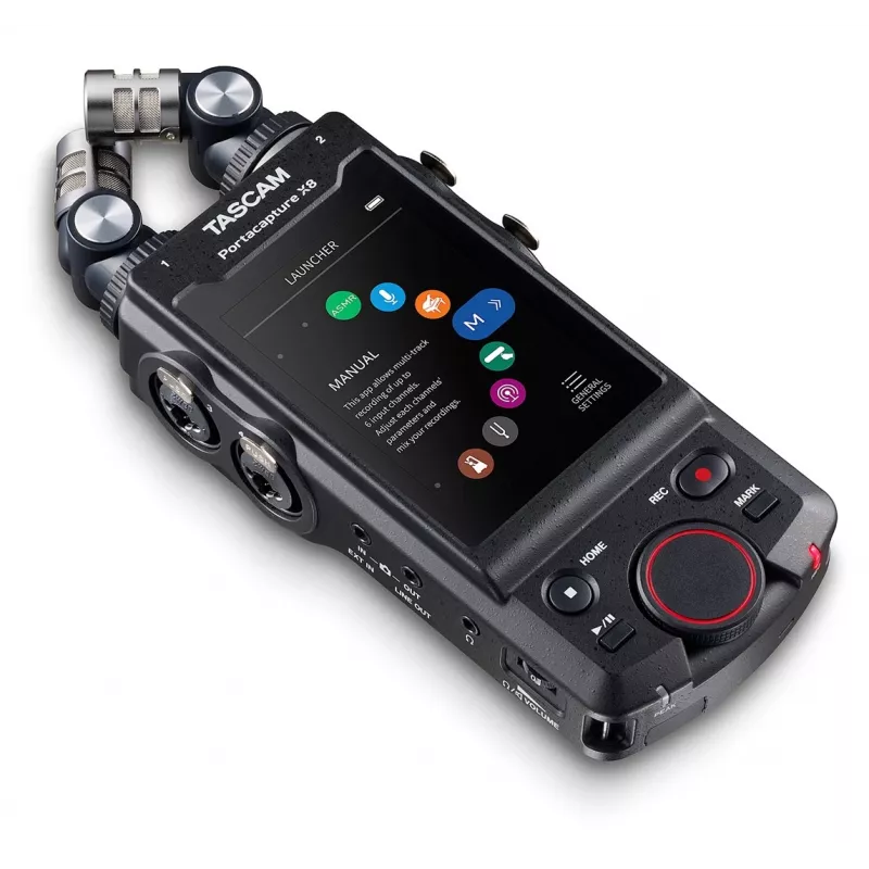 Grabadora de audio multipista portátil Tascam Portacapture X8 — 6 canales, 24/32 bits, hasta 96 kHz, 4 entradas combo XLR/TRS, tarjeta SD, USB-C, batería o fuente de alimentación