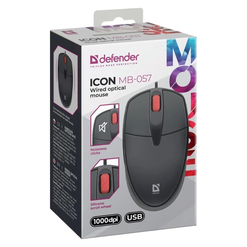 Ratón DEFENDER ICON MB-057 ÓPTICO 1000dpi 3P NEGRO CLIC SILENCIOSO