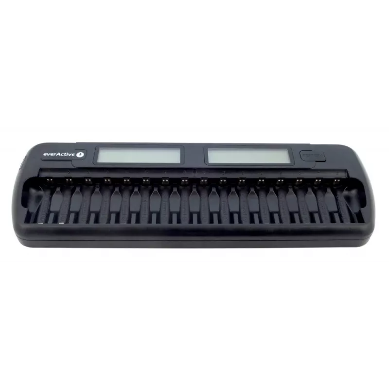 Cargador de baterías everActive NC-1600 — cargador universal DC para Li-Ion, compatible con 16 celdas, tamaños compatibles AA/AAA/C, negro, AC 100–240V 50–60Hz