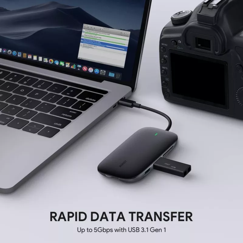 AUKEY CB-C71 hub USB-C 8 en 1, 3x USB-A 3.0, HDMI 4K@30Hz, Gigabit RJ45, SD/microSD, USB-C PD 100 W, cable de 0,15 m, aluminio, negro