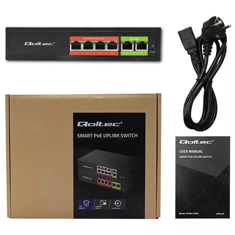 Switch Ethernet PoE QOLTEC 52289 — 4x puertos RJ45 PoE, 2x RJ45 uplink, presupuesto PoE 65W
