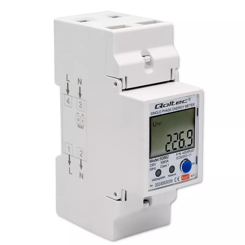 Qoltec 50882 Contador electrónico monofásico de consumo de energía para carril DIN | Wi-Fi | TUYA | 230V | LCD