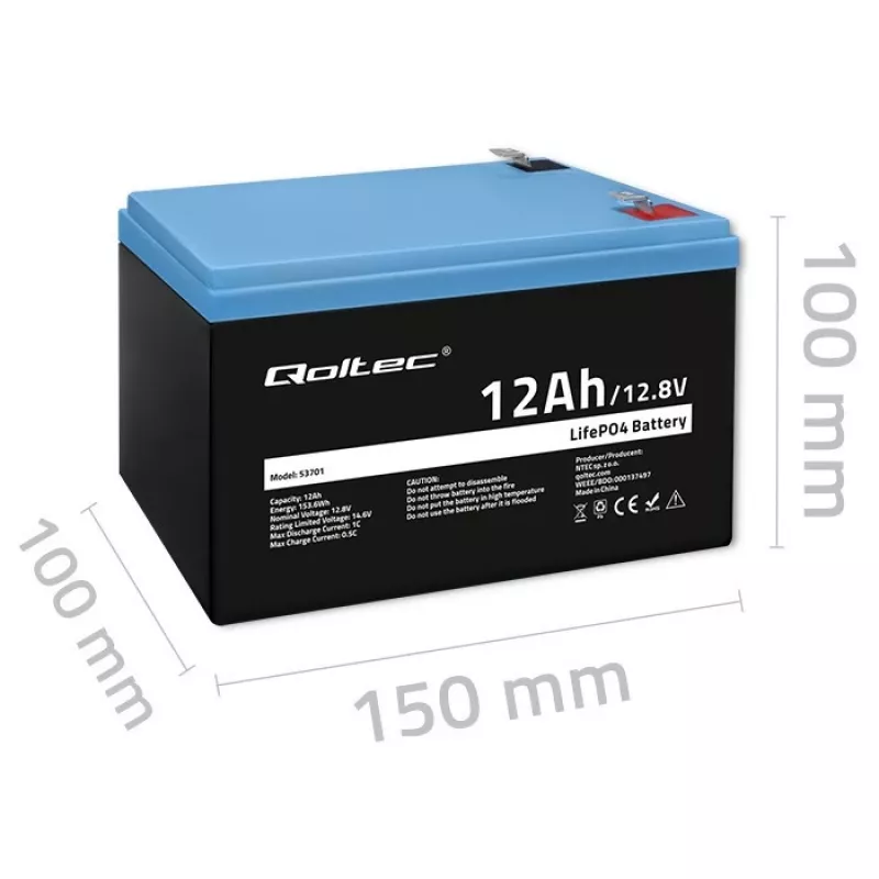 Batería LiFePO4 Litio Hierro Fosfato Qoltec 12,8 V 12 Ah 153,6 Wh con BMS