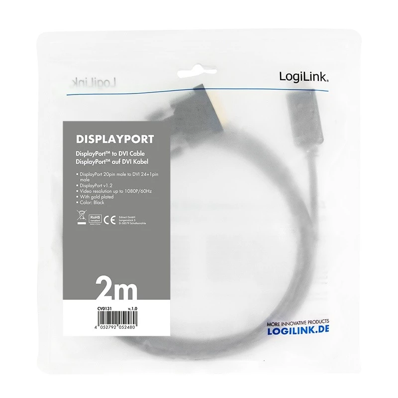 Adaptador de cable de vídeo LogiLink CV0131 2 m DisplayPort DVI negro