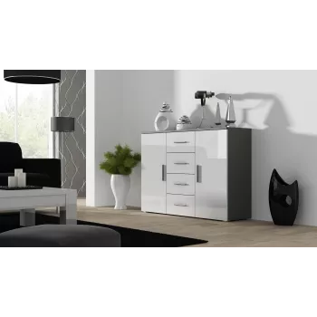 Aparador Cama Meble UNI gris/blanco alto brillo, 2 puertas, 2 baldas, 1320×380×920 mm