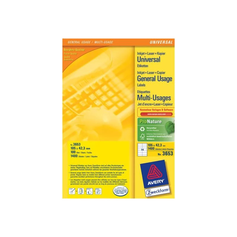 Avery 3653 etiqueta autoadhesiva rectangular permanente blanca 1400 uds.