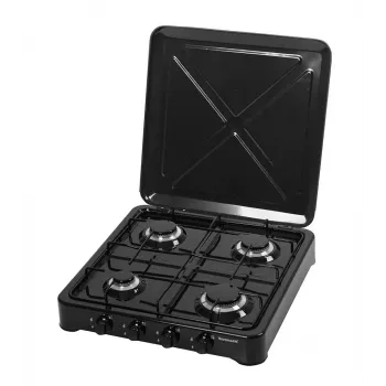 Cocina de gas Ravanson K-04TB — placa de gas empotrable de 4 fuegos, negra, mandos giratorios, carcasa metálica