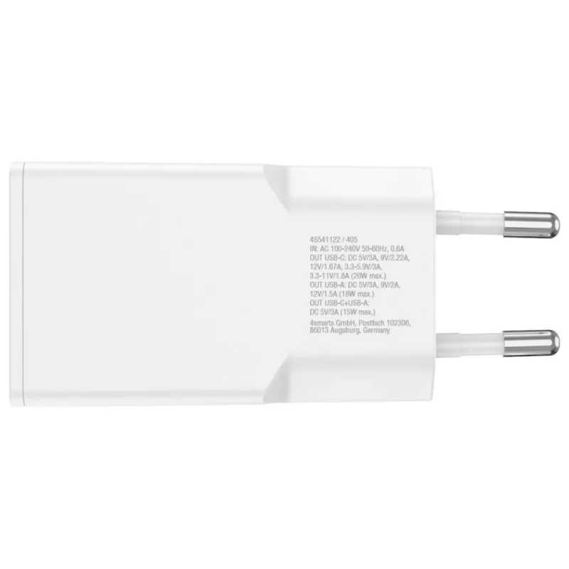 Cargador de dispositivo móvil de interior AC 4smarts 541509 — 100–240V, USB-A + USB-C, cable de 1,5 m, carga rápida, blanco