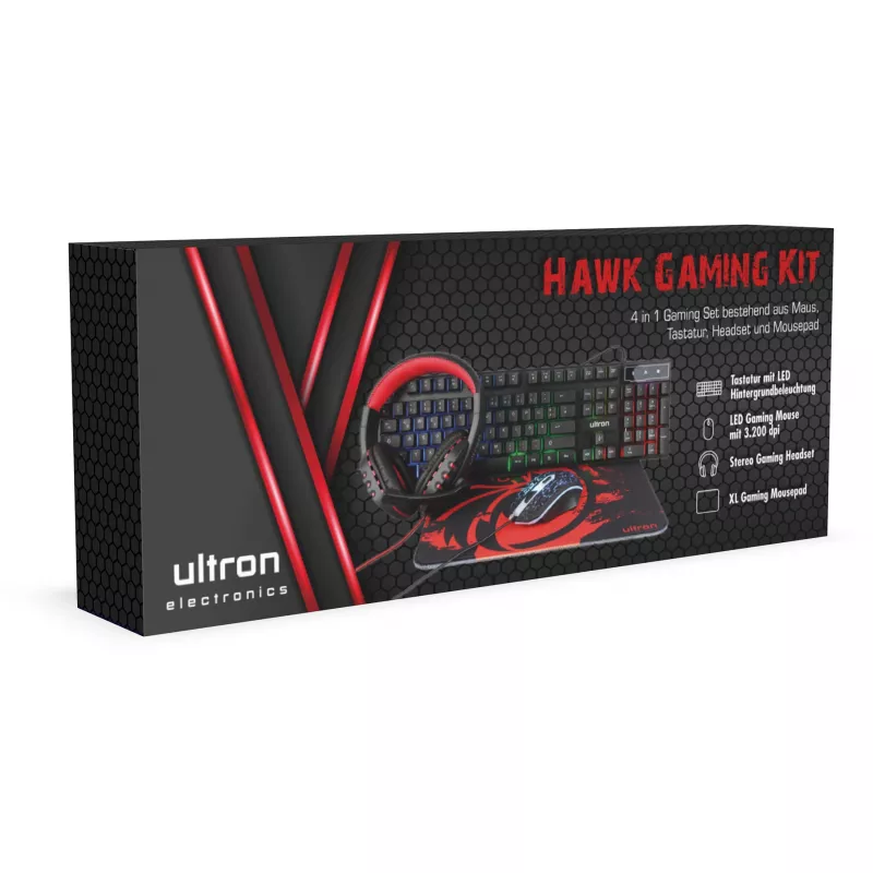 Set gaming Ultron HAWK teclado ratón QWERTZ alemán negro rojo blanco