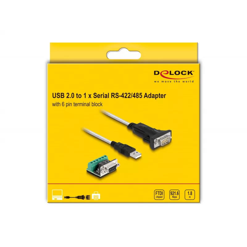 DeLOCK 63465 Adaptador de USB 2.0 Type-A a serie RS-422/485, bloque de terminales de 6 pines, 1,8 m, negro/transparente