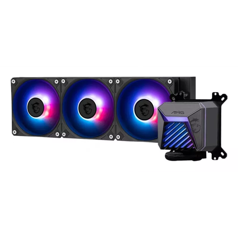 Refrigeración líquida todo en uno MSI MAG Coreliquid A15 360 — 3 ventiladores de 120 mm, radiador 394 x 120 x 27 mm, bomba 5V, RGB, compatible con LGA 1851