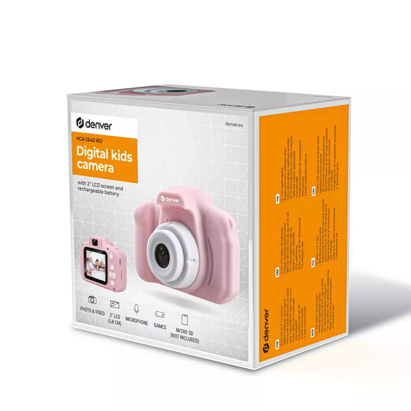 Cámara digital infantil DENVER KCA-1340RO — compacta 85 g, rosa