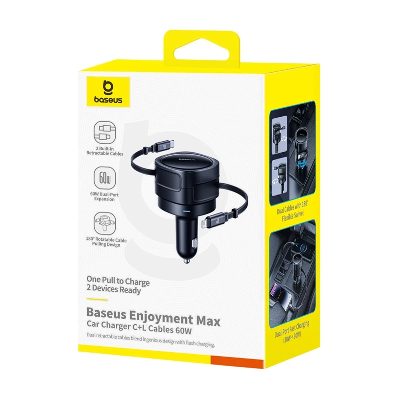 Cargador de coche Baseus Enjoyment Max 60W con cables USB-C y Lightning, carga rápida de doble puerto