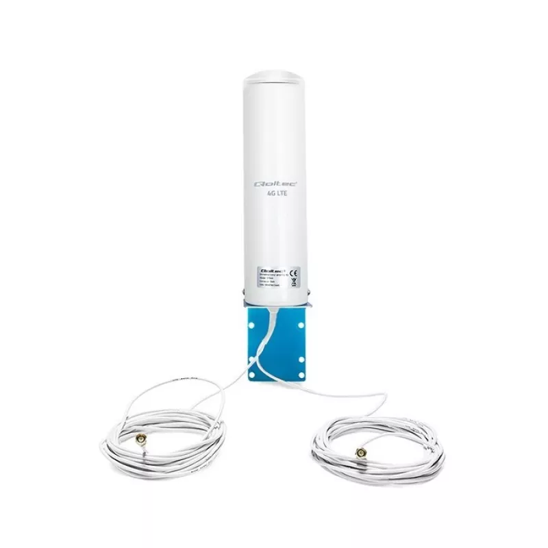 Antena exterior omnidireccional 4G LTE QOLTEC 57044, 5 dBi, 600–2700 MHz, 50 W, 50 Ω, carcasa de cobre blanca