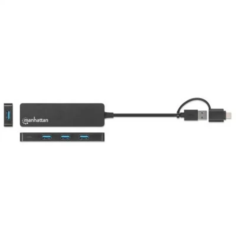 Dock/Hub combo USB-C y USB-A Manhattan, Puertos (4): USB-A (x4), 5 Gbit/s (USB 3.2 Gen1 también conocido como USB 3.0), alimentado por USB (no requiere fuente de alimentación externa)