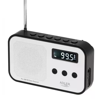 Radio digital portátil Adler AD 1907 — FM/AM, sintonizador digital, despertador, USB-C, batería de 600 mAh, LCD, 20 memorias de emisoras, antena telescópica