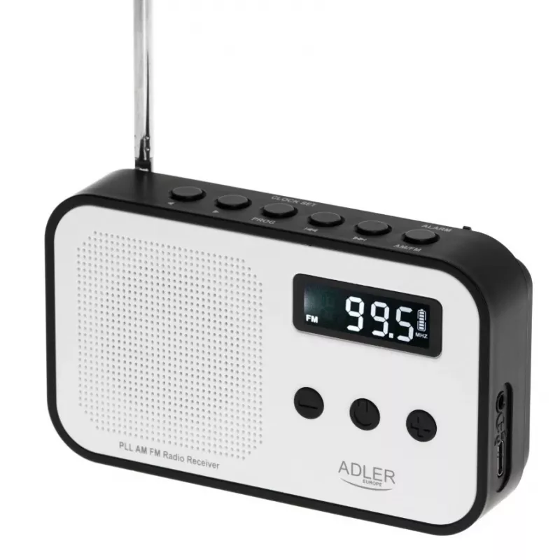 Adler AD 1907 radio digital PLL, AM/FM, 40 presintonías, alarma con repetición, USB-C, batería recargable integrada, conector de 3,5 mm, blanco/negro