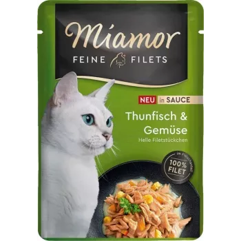 Miamor Fine Filets atún con verduras en salsa, alimento húmedo para gatos, sobre de 100 g, gatos adultos, monoproteico