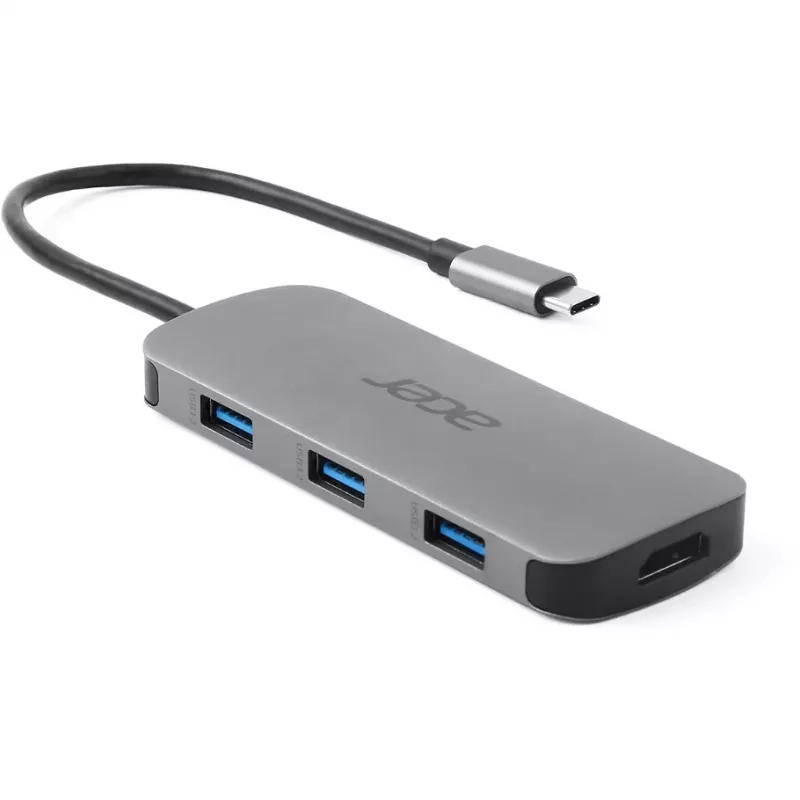 Dongle USB-C 7 en 1 Acer — USB 3.2 Gen 1 Type-C, 3x USB-A, HDMI, SD/MicroSD, 100W PD, plata