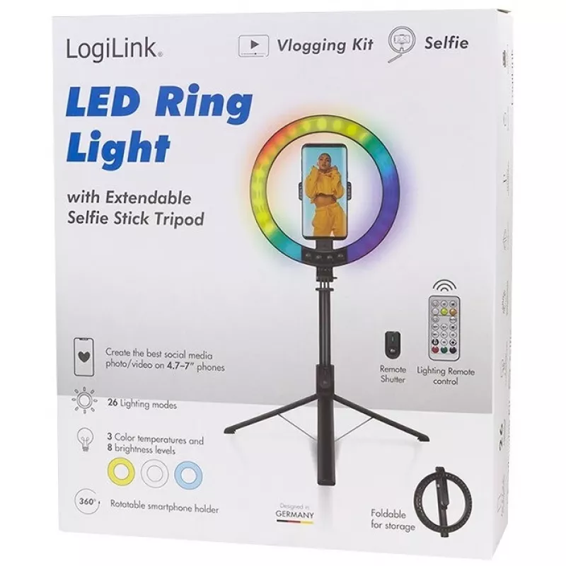 LogiLink Anillo de luz para smartphone con trípode selfie, DM 20cm (AA0156)