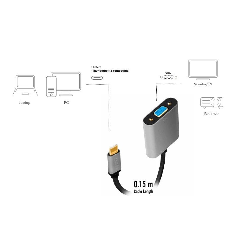 Cable adaptador de vídeo USB Type-C a VGA (D-Sub) LOGILINK CUA0104 0,15 m, gris/negro