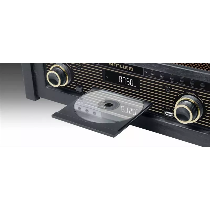 Tocadiscos muse MT-115 W — negro/dorado, 33-45-78 rpm, brazo de lectura en J, control de volumen giratorio, 240V AC