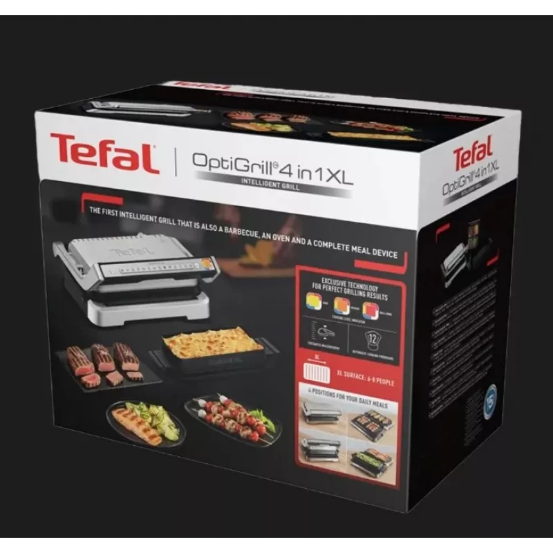Parrilla eléctrica de contacto Tefal OptiGrill+ XL acero inoxidable — gran capacidad, programas automáticos de cocción