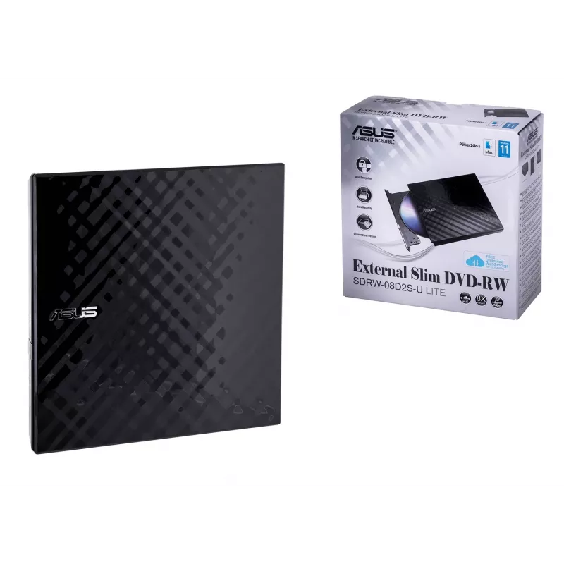 Unidad óptica externa DVD±RW ASUS SDRW-08D2S-U Lite, USB 2.0, negra, 24x CD / 8x DVD, 142×142×20 mm