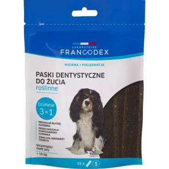 Tiras dentales FRANCODEX para perros, pack de 15 sobres — premio para el cuidado dental de perros pequeños adultos (5–10 kg), 228 g, sabor verduras, sin gluten