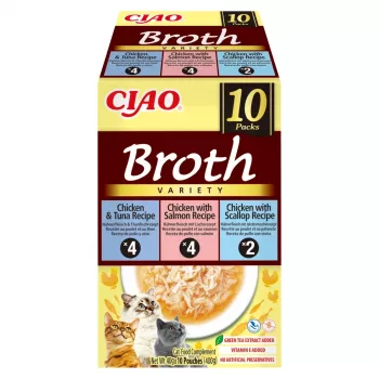 Comida húmeda para gatos en sobre INABA Ciao Broth — pollo, pescado, vieira — 10 x 40 g