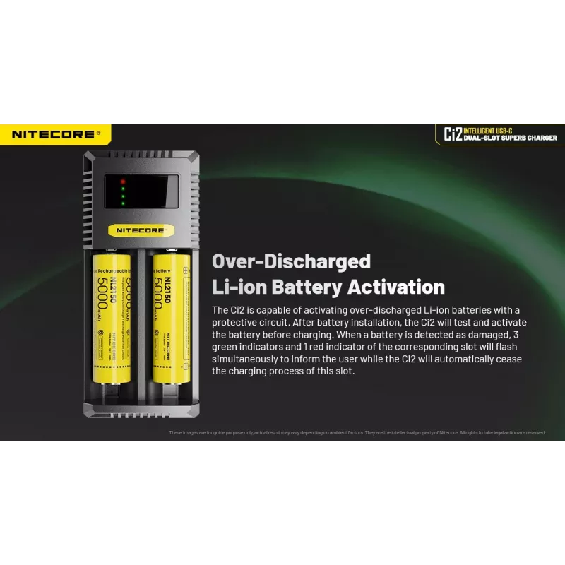 Cargador de baterías Nitecore Ci12 cargador USB universal para Li‑Ion, NiCd, NiMH, entrada 3A 5/9/12V, carcasa de plástico