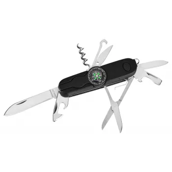 Navaja AZYMUT Izeron Multiusos — 13 herramientas, acero inoxidable 420J2/3CR13, plegada 9 cm, 91 g, funda de cuero para cinturón, luz y brújula integradas