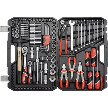 Juego de herramientas para mecánico YATO YT-38901 — juego de 122 piezas con vasos (12–32 mm), carraca, extensiones, destornilladores, martillo, alicates, acabado cromado