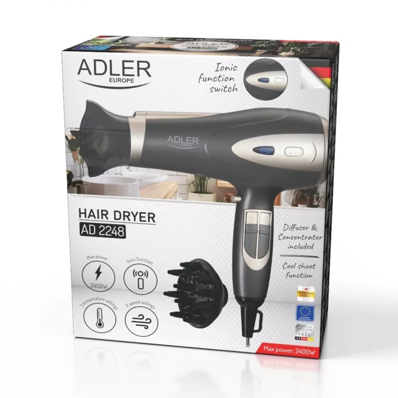 Secador de pelo Adler AD 2248gc 2200W — iónico, 2 velocidades, 3 temperaturas, aire frío, difusor, concentrador, cable de 1,8 m