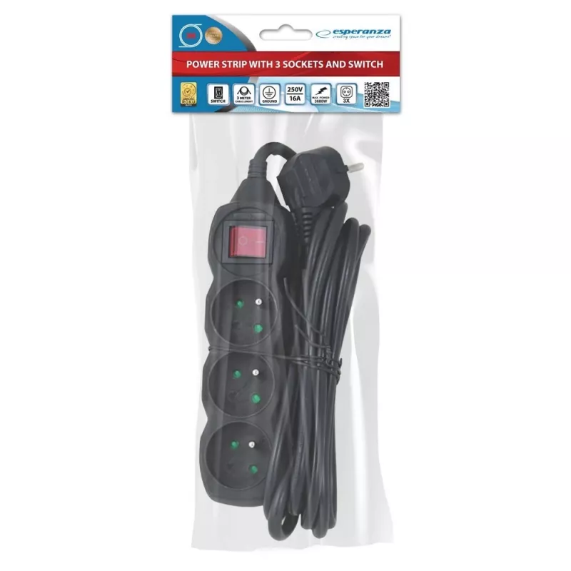 Alargador Esperanza ELK211K 3 m 3 tomas de CA para interiores negro