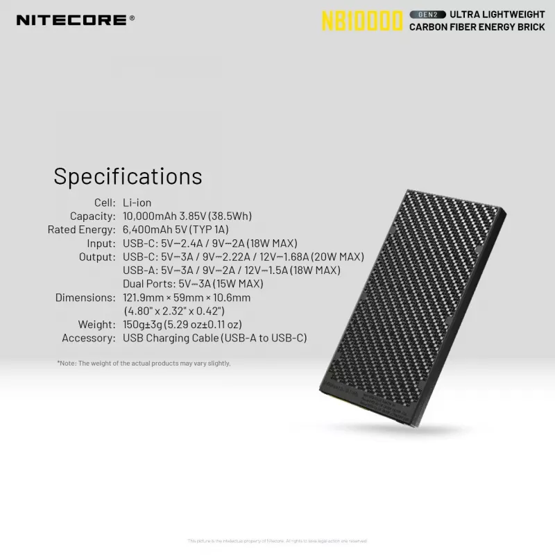 Batería externa portátil Nitecore NB10000 — 10000 mAh, USB‑A + USB‑C, 38 W de salida total, gris