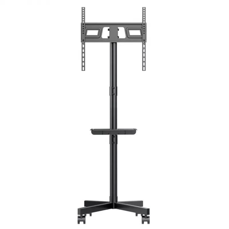 Maclean MC-949 soporte móvil con ruedas para TV de 32–55 pulgadas, VESA 75×75–400×400, máx. 25 kg, altura 149,5–154,5 cm, inclinación +5°, estante, negro