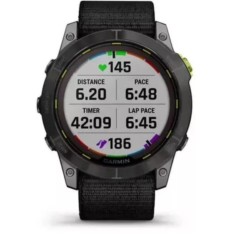 Reloj inteligente Garmin Enduro 2 Sapphire Solar 35 mm, pantalla táctil MIP de 1,4" 280 x 280, 32 GB, GPS, Wi-Fi, caja de titanio DLC Carbon Grey, correa negra