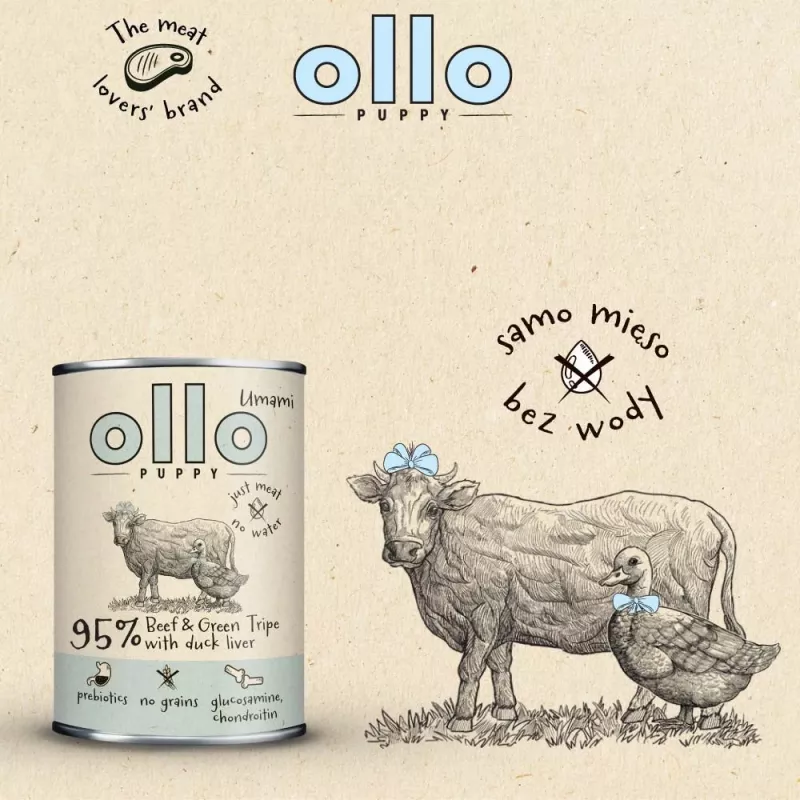 OLLO Puppy Umami Beef and Green Tripe with Duck Liver – Comida húmeda para perros – 850g
