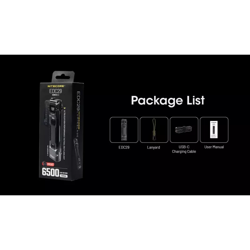 Linterna de mano Nitecore EDC29 carcasa de acero inoxidable, 2 LED, 15–6500 lm, IP54, recargable por USB