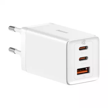 Cargador de pared Baseus GaN5 Pro 65W — USB + 2×USB-C (QC3.0, PD3.0) con cable USB-C de 1m, blanco