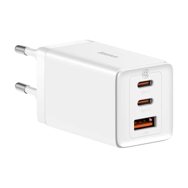 Cargador de pared Baseus GaN5 Pro 65W — USB + 2×USB-C (QC3.0, PD3.0) con cable USB-C de 1m, blanco